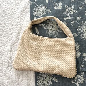 Cream leather woven shoulder tote
